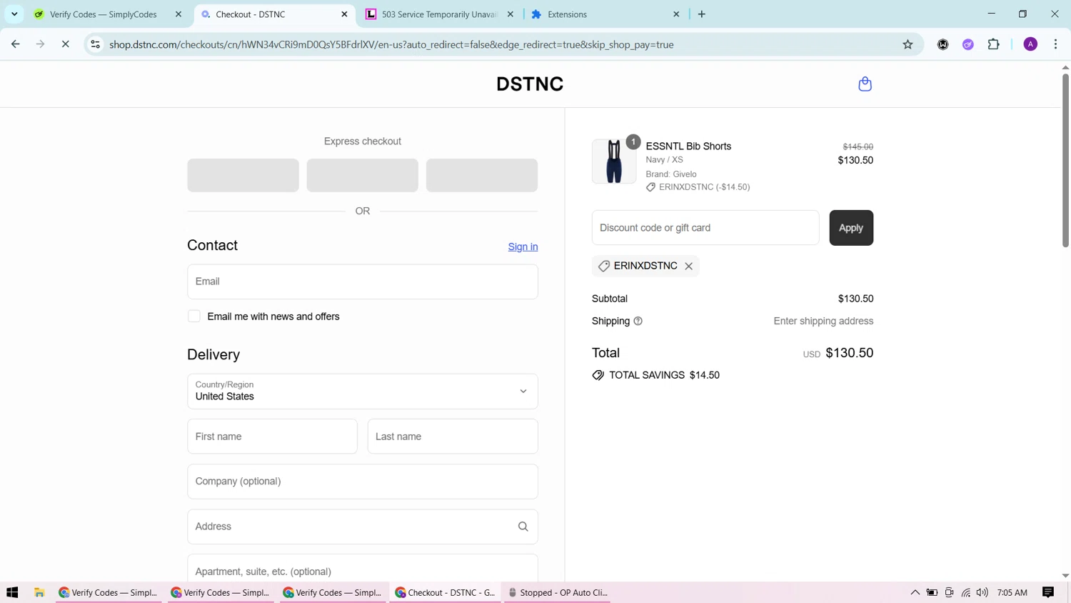 DSTNC discount code screenshot showing code ERINXDSTNC applied at DSTNC checkout page. Uploaded by SimplyCodes community member CashChaser7272 on Sep 17, 2025