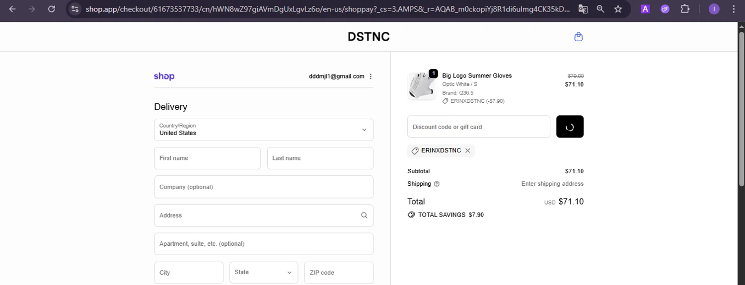 DSTNC checkout page showing DSTNC discount code box | Screenshot taken by SimplyCodes community member on Feb 18, 2026