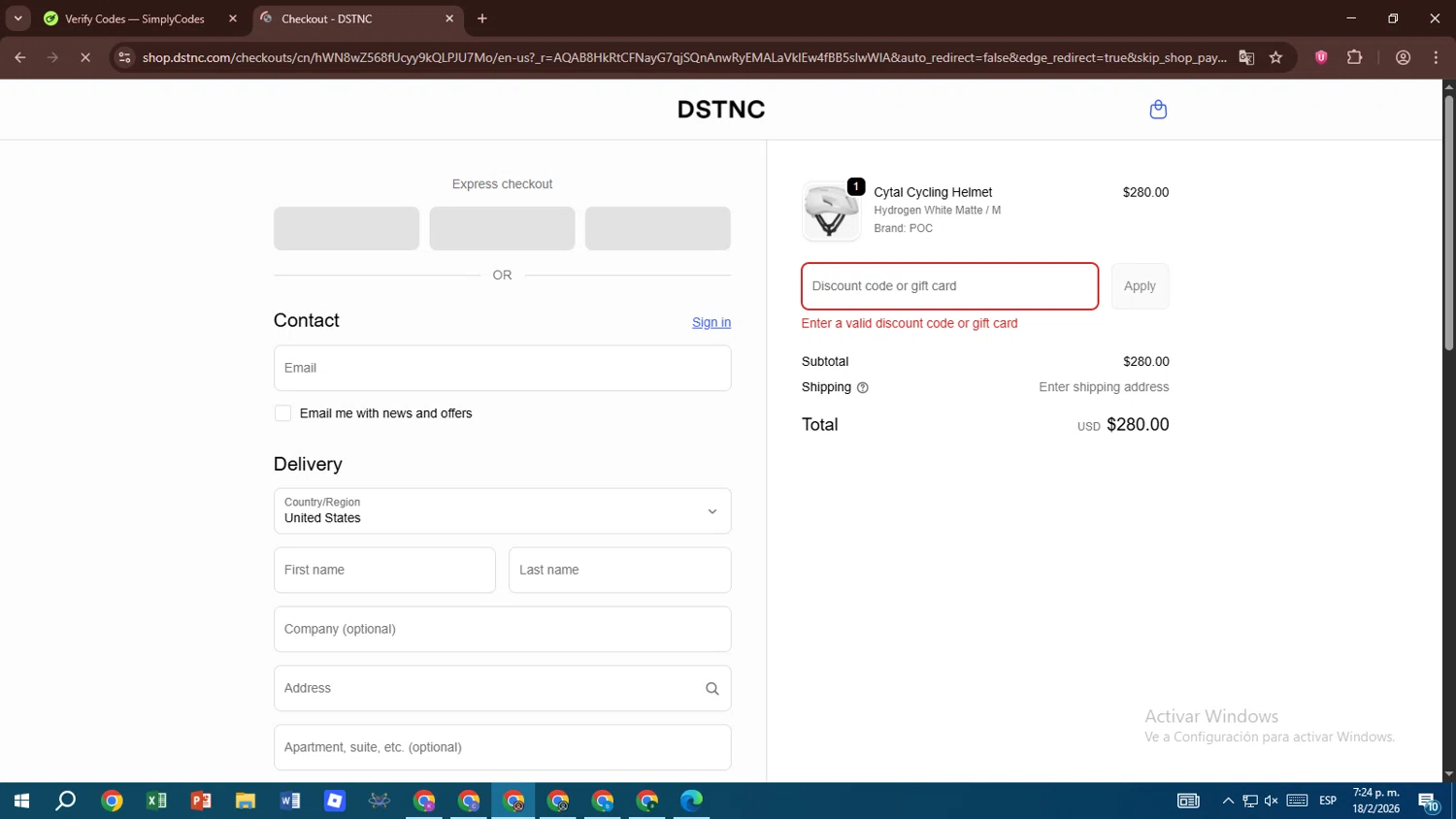 DSTNC discount code screenshot showing code ERINXDSTNC applied at DSTNC checkout page. Uploaded by SimplyCodes community member kilian on Feb 18, 2026