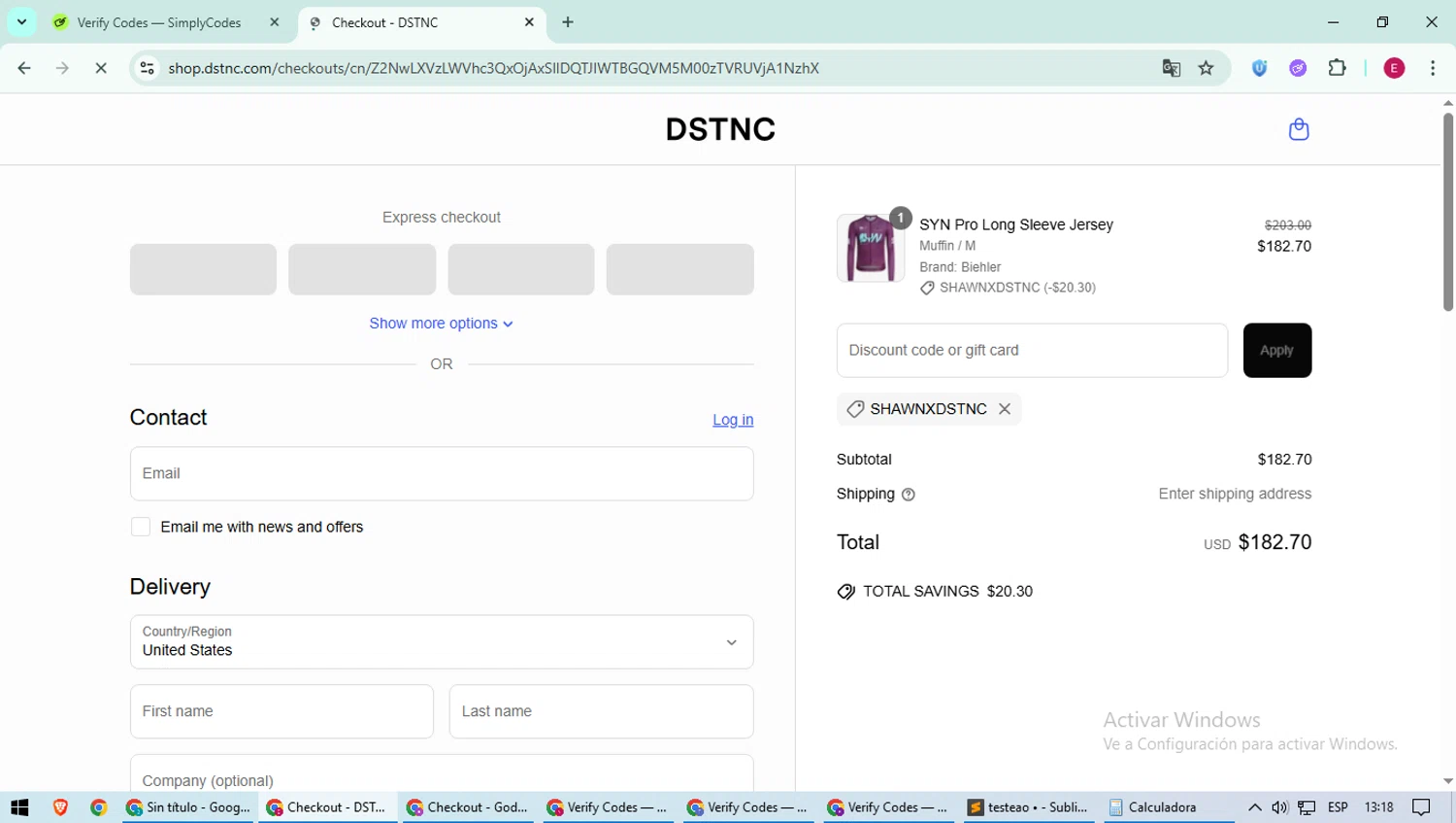 DSTNC discount code screenshot showing code ShawnxDSTNC applied at DSTNC checkout page. Uploaded by SimplyCodes community member BrilliantWhiz4434 on Jun 22, 2025