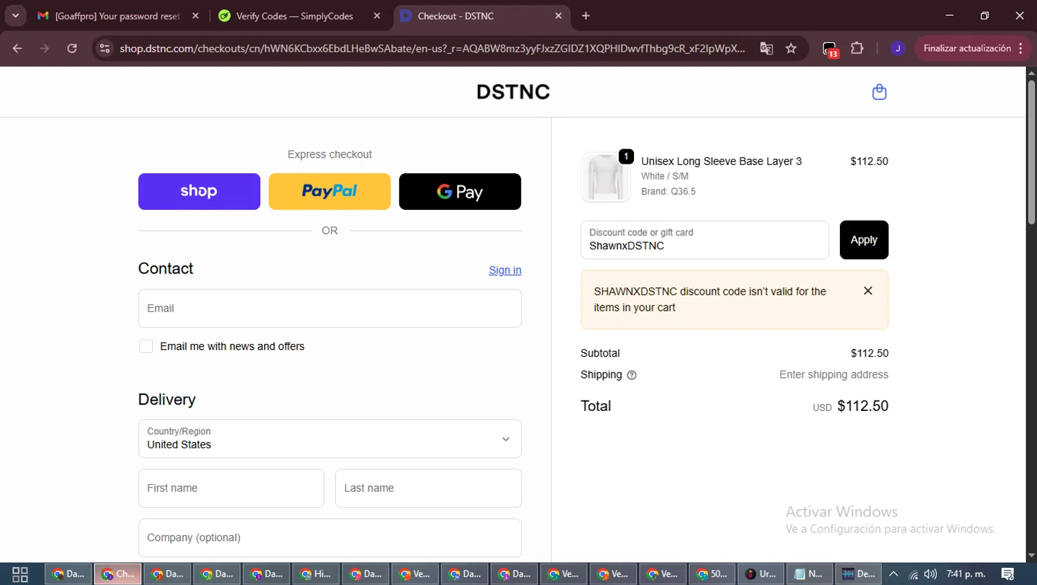 DSTNC discount code screenshot showing code ShawnxDSTNC applied at DSTNC checkout page. Uploaded by SimplyCodes community member LegendaryLegend9872 on Dec 11, 2025
