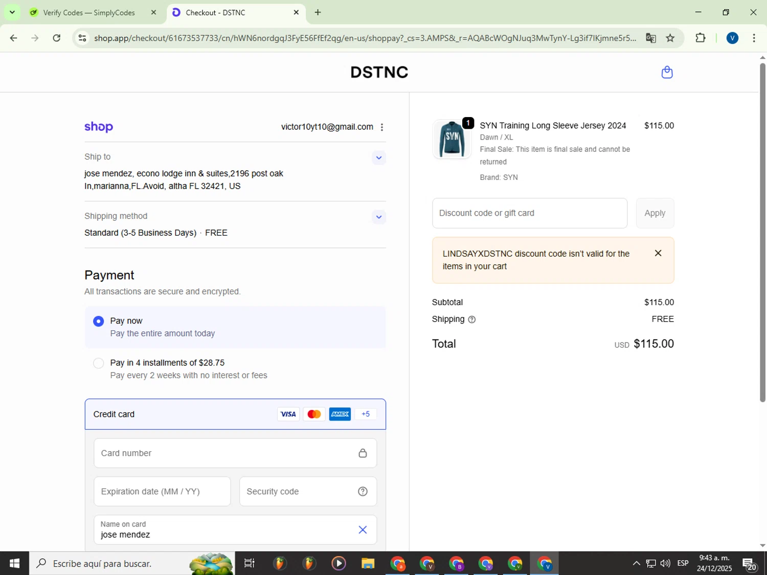 DSTNC discount code screenshot showing code LindsayxDSTNC applied at DSTNC checkout page. Uploaded by SimplyCodes community member Garou_Y2K on Dec 24, 2025