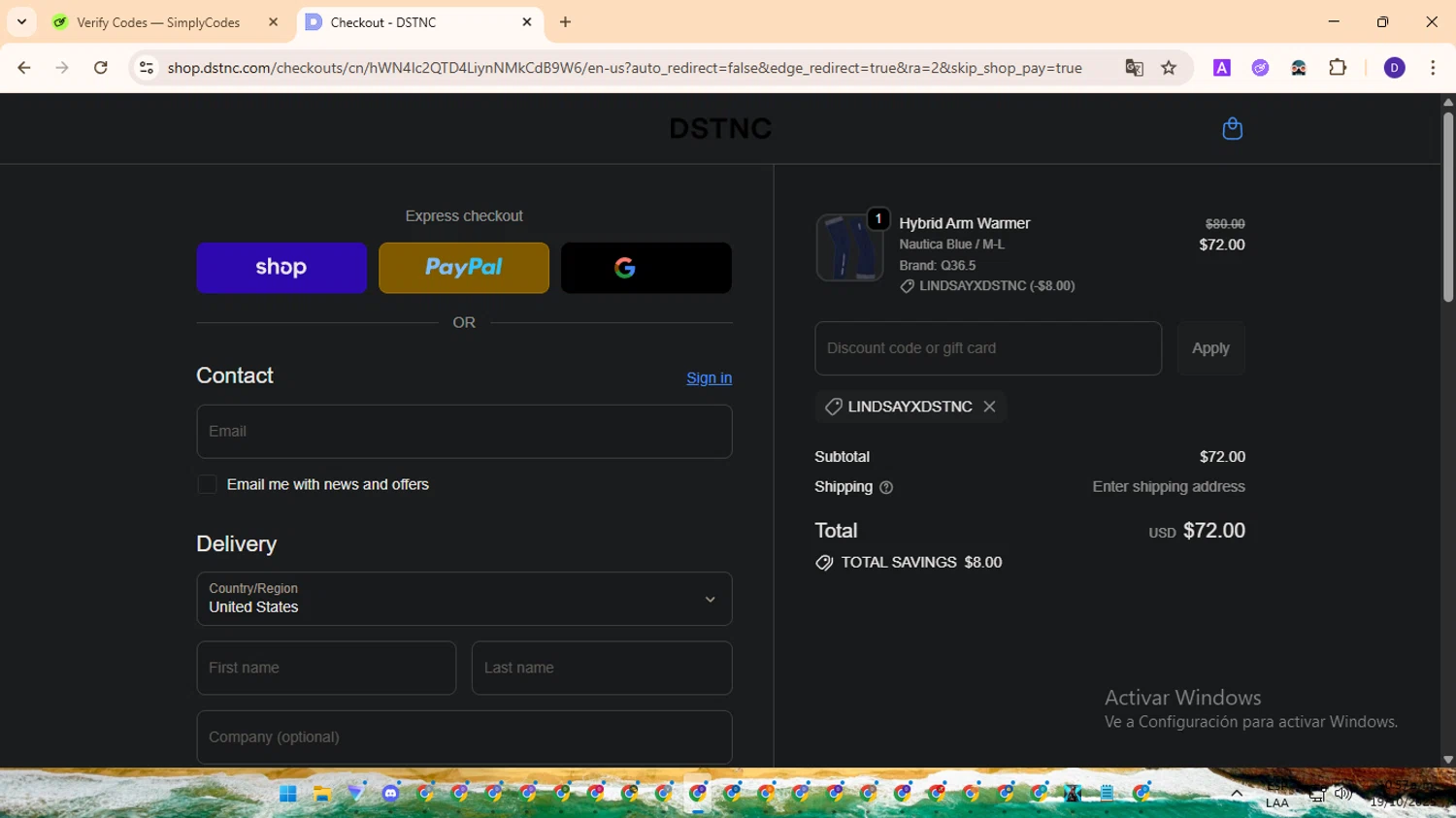 DSTNC discount code screenshot showing code LindsayxDSTNC applied at DSTNC checkout page. Uploaded by SimplyCodes community member MagnificentFinder9583 on Oct 19, 2025