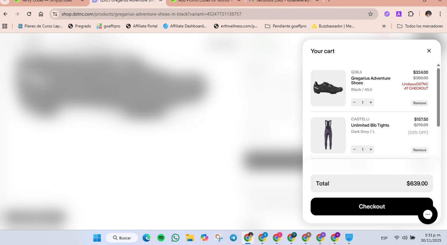 DSTNC discount code screenshot showing code LindsayxDSTNC applied at DSTNC checkout page. Uploaded by SimplyCodes community member luisaballera on Nov 30, 2025