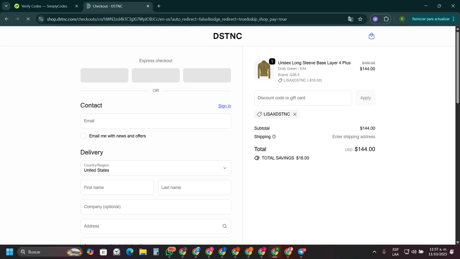 DSTNC discount code screenshot showing code LISAXDSTNC applied at DSTNC checkout page. Uploaded by SimplyCodes community member ValiantCaptain1358 on Oct 11, 2025
