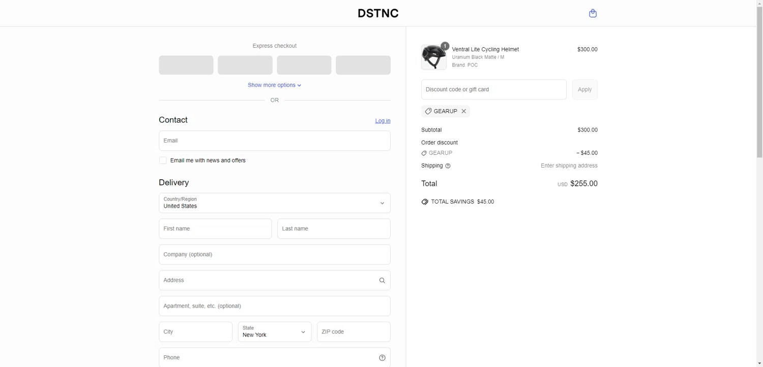 DSTNC discount code screenshot showing code GEARUP applied at DSTNC checkout page. Uploaded by SimplyCodes community member PromoAdmiral6652 on Jun 7, 2025