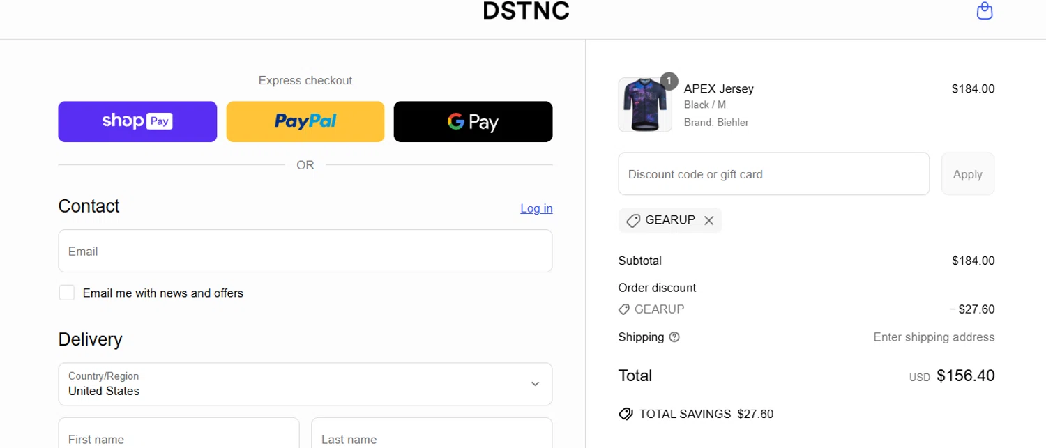 DSTNC discount code screenshot showing code GEARUP applied at DSTNC checkout page. Uploaded by SimplyCodes community member jesspea on Jun 7, 2025