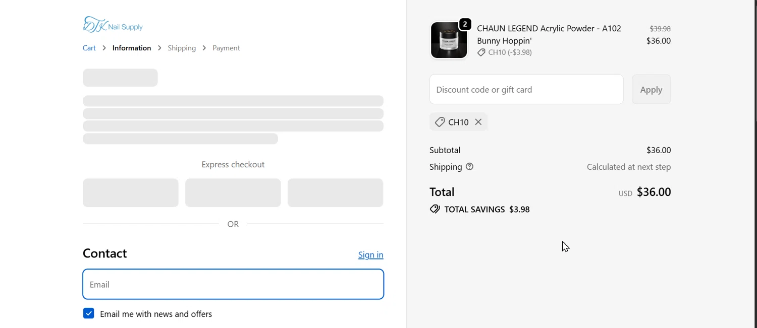 DTK Nail Supply discount code screenshot showing code CH10 applied at DTK Nail Supply checkout page. Uploaded by SimplyCodes community member BonusPro457 on Nov 19, 2025