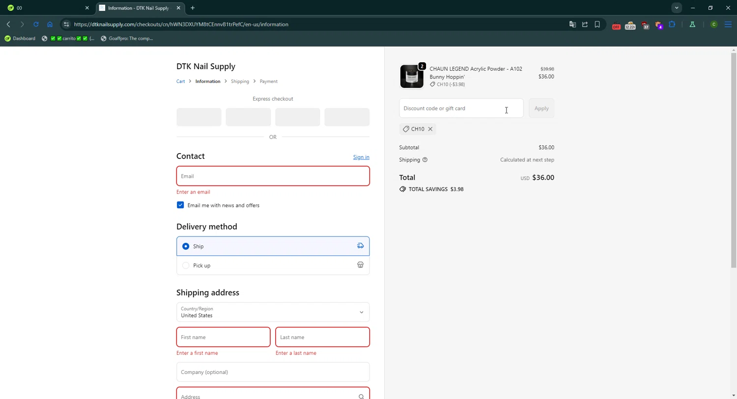 DTK Nail Supply discount code screenshot showing code CH10 applied at DTK Nail Supply checkout page. Uploaded by SimplyCodes community member CrownGuardian9882 on Sep 21, 2025