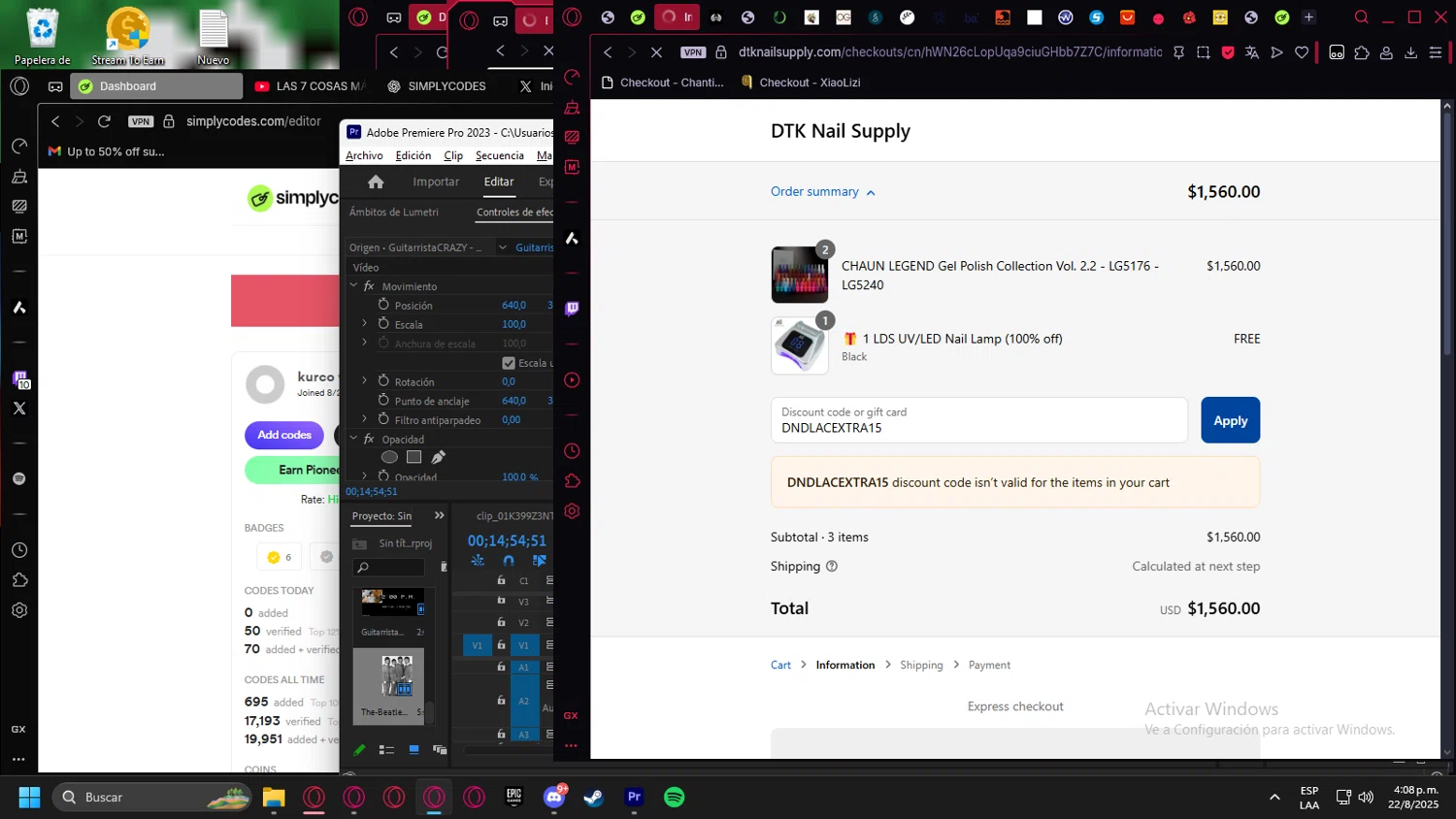 DTK Nail Supply discount code screenshot showing code DNDLACEXTRA15 applied at DTK Nail Supply checkout page. Uploaded by SimplyCodes community member Halanweik on Aug 22, 2025