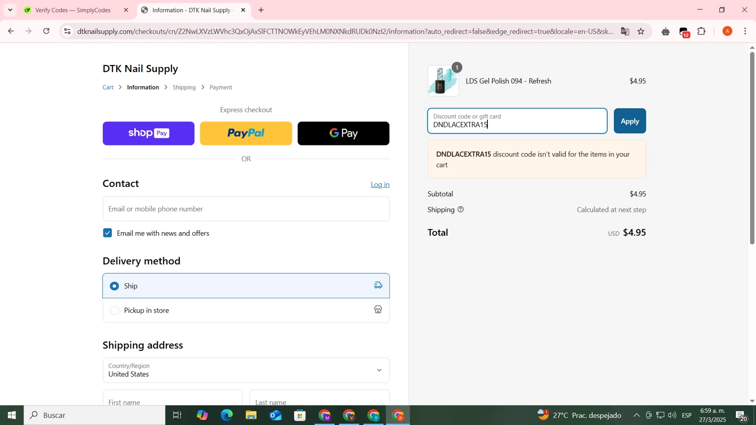 DTK Nail Supply discount code screenshot showing code DNDLACEXTRA15 applied at DTK Nail Supply checkout page. Uploaded by SimplyCodes community member FrugalSentinel6206 on Mar 27, 2025