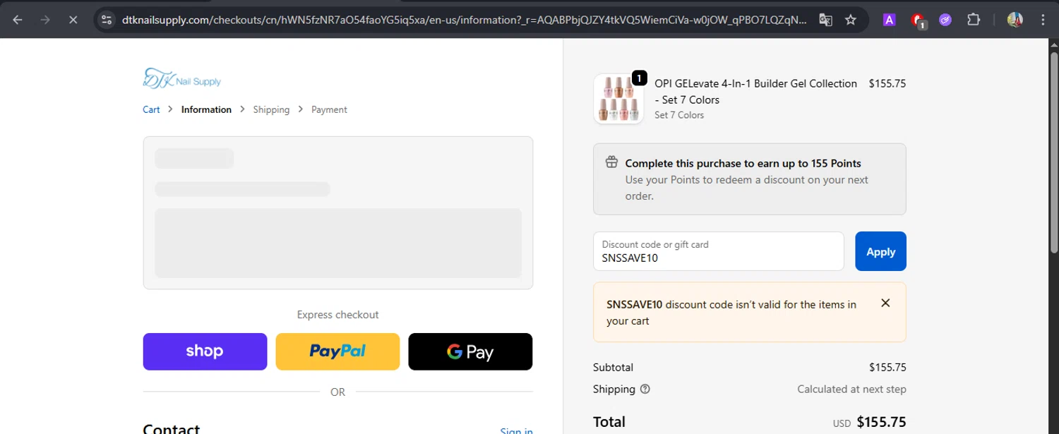 DTK Nail Supply discount code screenshot showing code SNSSAVE10 applied at DTK Nail Supply checkout page. Uploaded by SimplyCodes community member BrilliantFox7966 on Nov 24, 2025