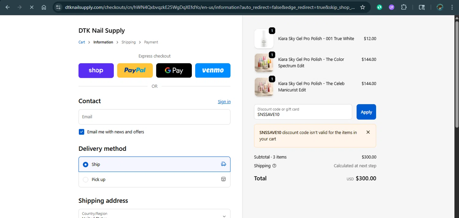 DTK Nail Supply discount code screenshot showing code SNSSAVE10 applied at DTK Nail Supply checkout page. Uploaded by SimplyCodes community member MariaCorinaMachado on Oct 23, 2025