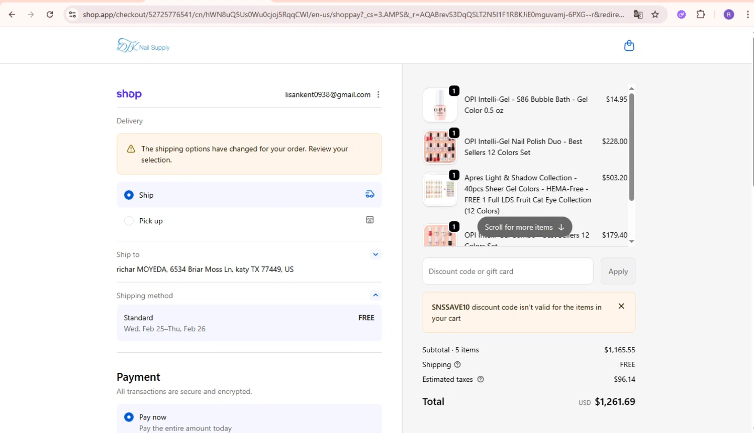 DTK Nail Supply discount code screenshot showing code SNSSAVE10 applied at DTK Nail Supply checkout page. Uploaded by SimplyCodes community member PennyMaverick730 on Feb 18, 2026