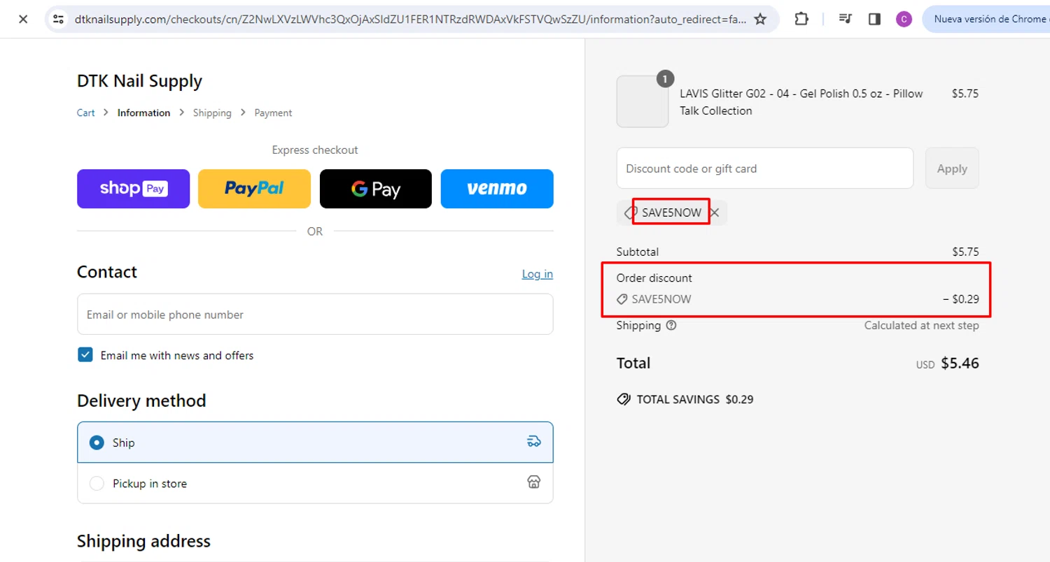 DTK Nail Supply discount code screenshot showing code SAVE5NOW applied at DTK Nail Supply checkout page. Uploaded by SimplyCodes community member nileskamarcano on Jun 5, 2025