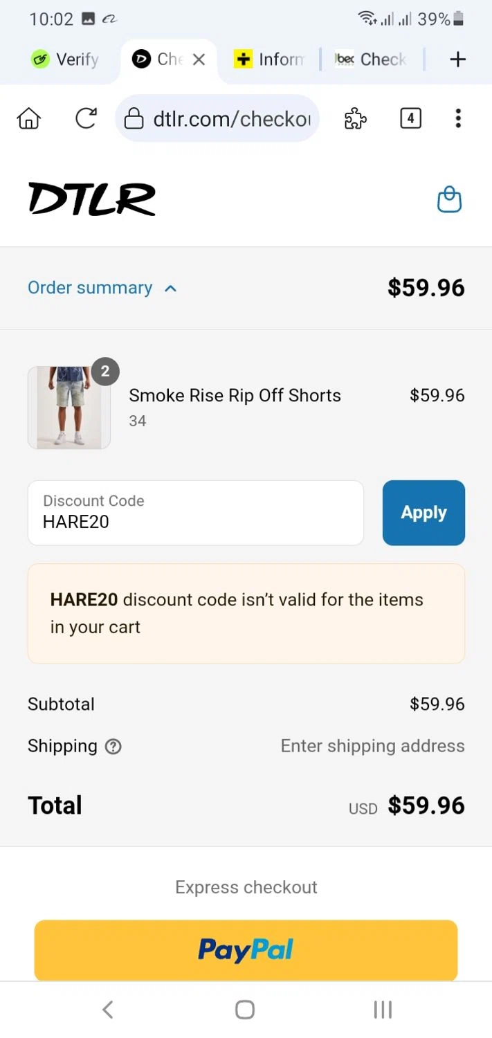 DTLR discount code screenshot showing code HARE20 applied at DTLR checkout page. Uploaded by SimplyCodes community member menotychire on Aug 14, 2025