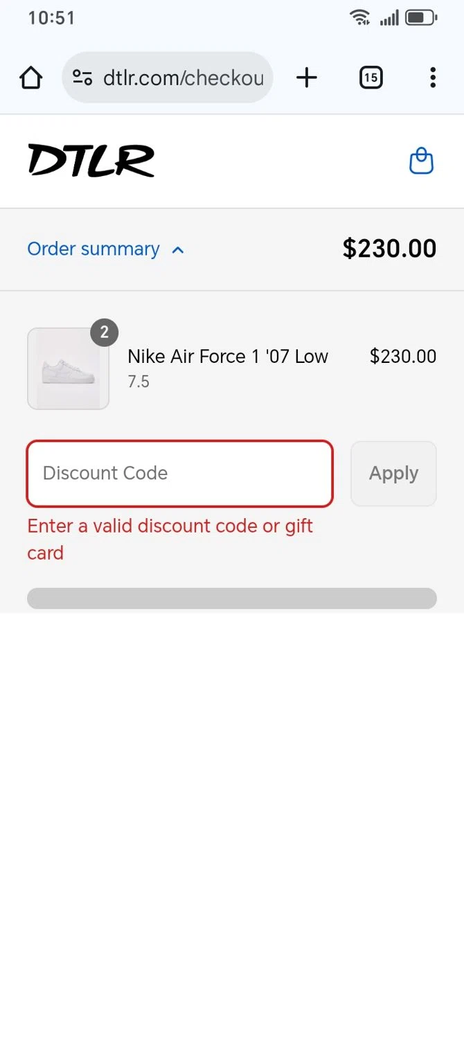 DTLR discount code screenshot showing code SHORTS applied at DTLR checkout page. Uploaded by SimplyCodes community member franksanchez on Aug 16, 2025