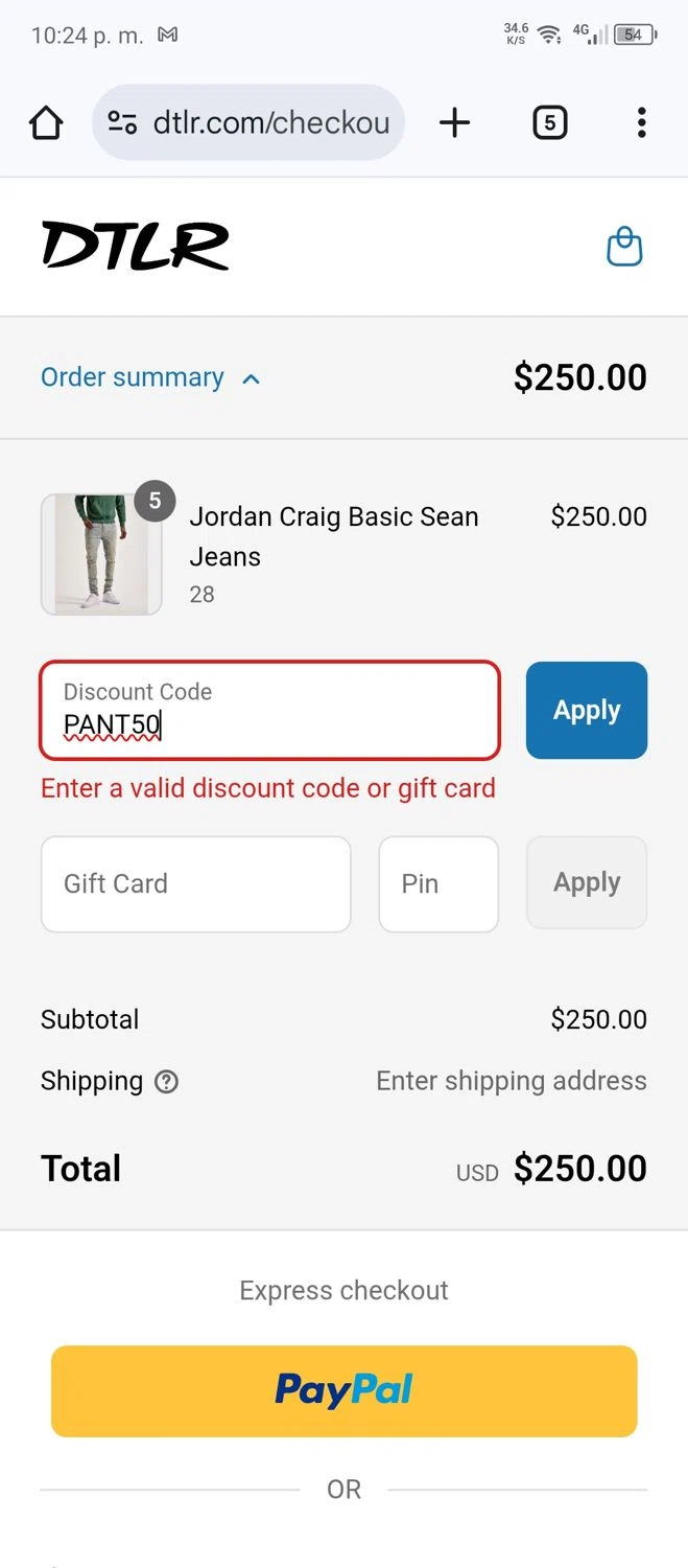 DTLR discount code screenshot showing code PANT50 applied at DTLR checkout page. Uploaded by SimplyCodes community member Luis0101 on Jun 24, 2025