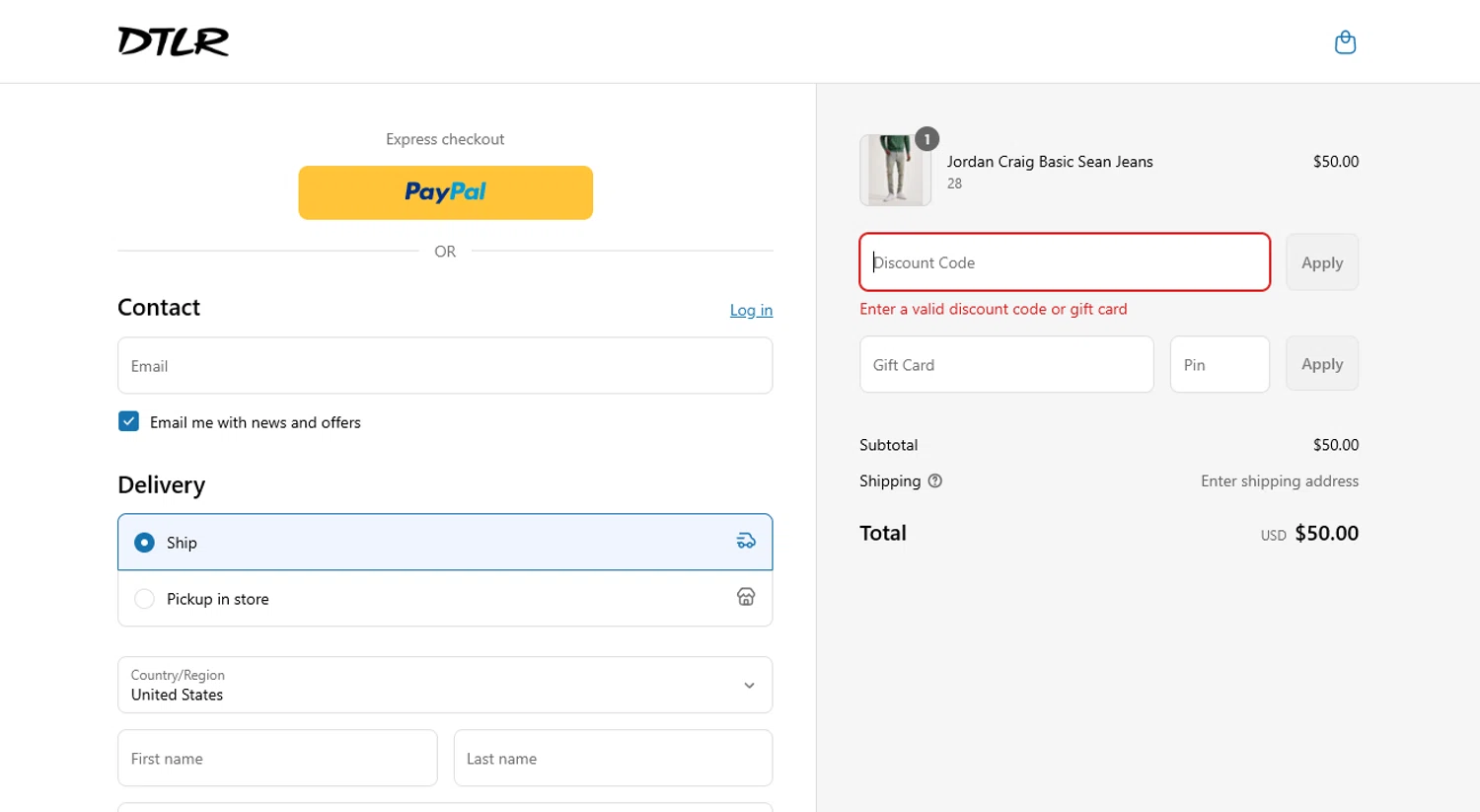 DTLR discount code screenshot showing code PANT50 applied at DTLR checkout page. Uploaded by SimplyCodes community member THEBANANA on Jun 24, 2025