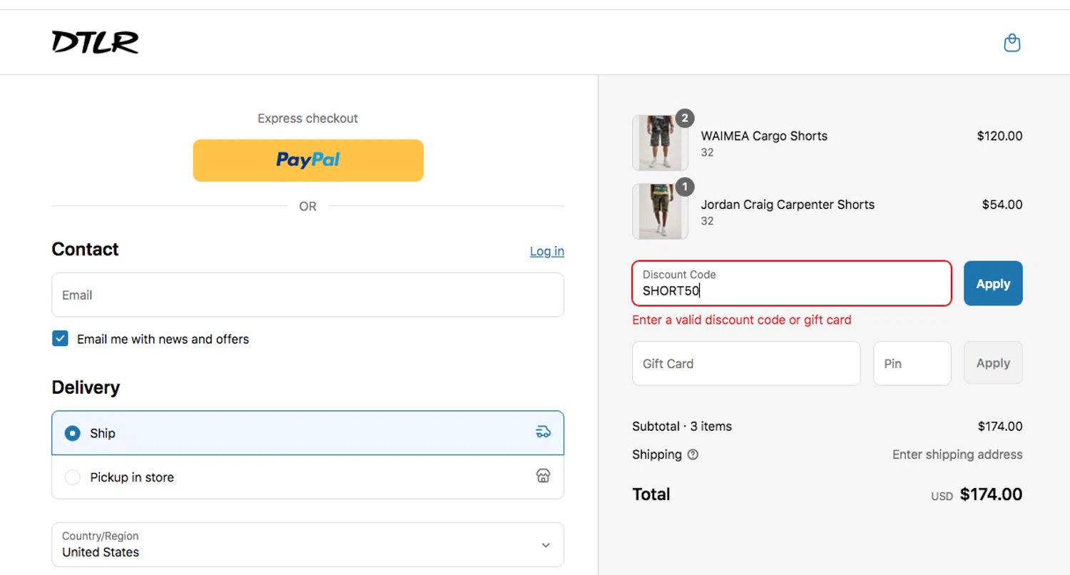 DTLR discount code screenshot showing code SHORT50 applied at DTLR checkout page. Uploaded by SimplyCodes community member AlejandraSarmiento on Jun 24, 2025