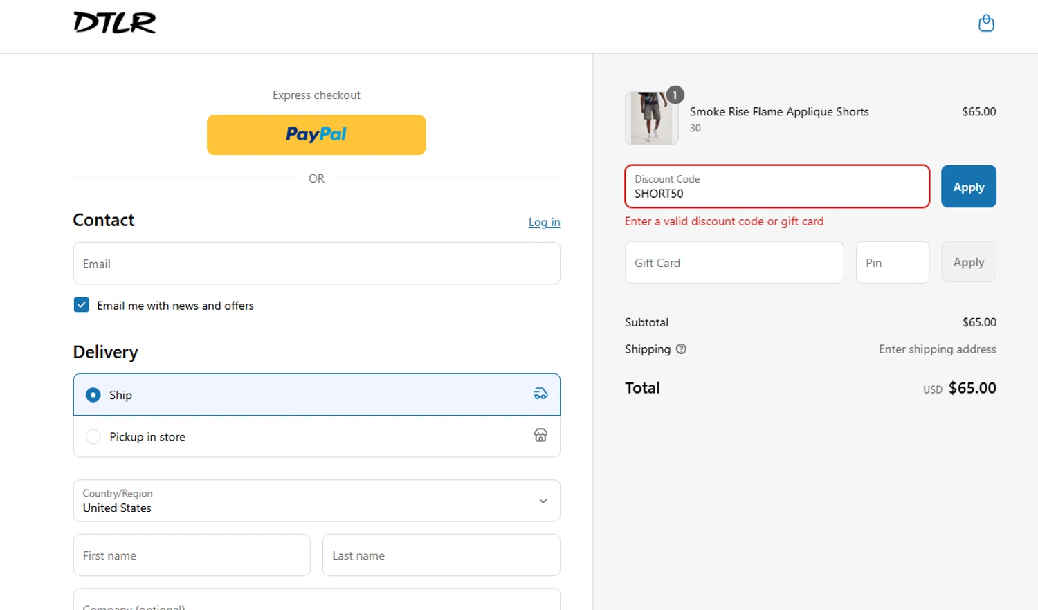 DTLR discount code screenshot showing code SHORT50 applied at DTLR checkout page. Uploaded by SimplyCodes community member Sanemi on Jun 24, 2025