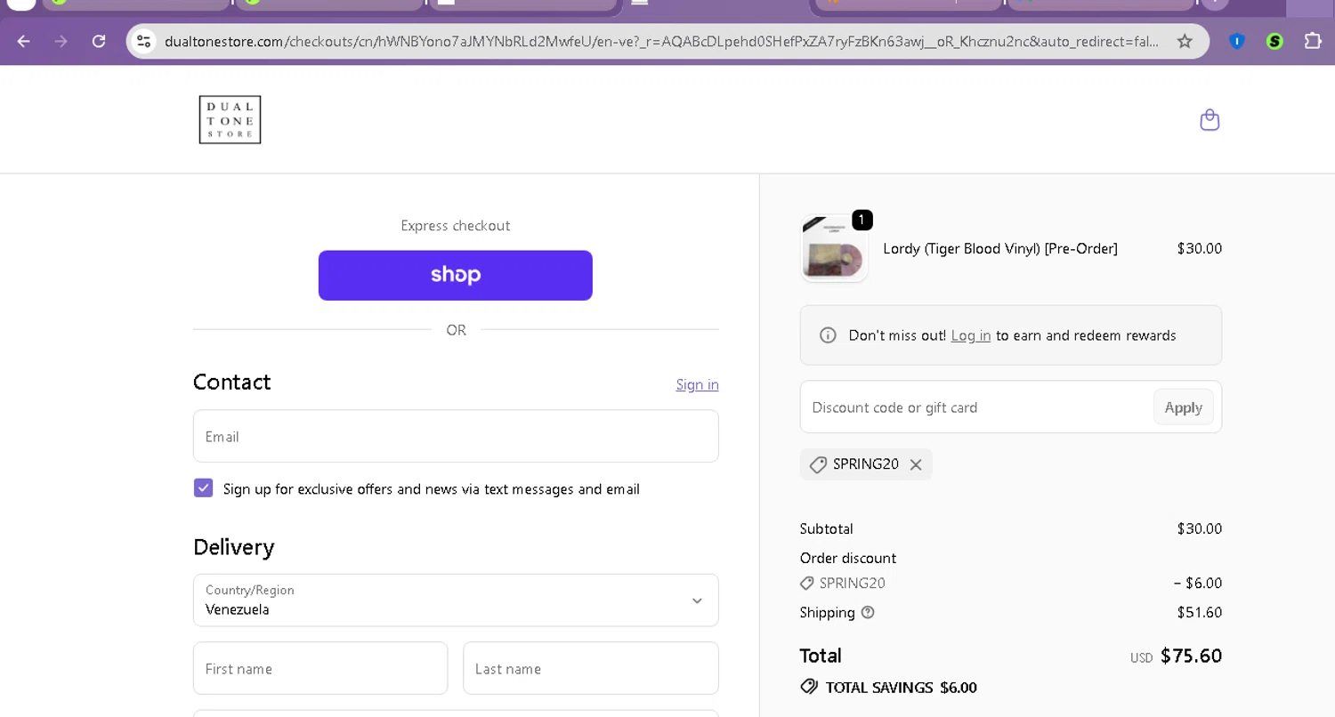 Dualtone promo code screenshot showing code SPRING20 applied at Dualtone checkout page. Uploaded by SimplyCodes community member beatrizcastillo on Apr 28, 2026
