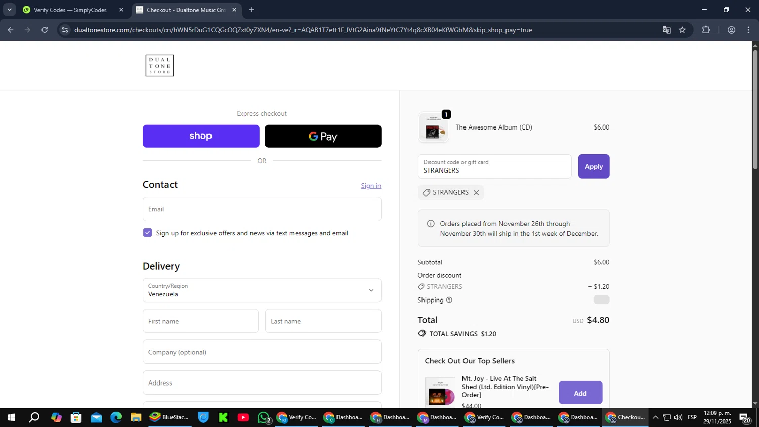 Dualtone Store discount code screenshot showing code STRANGERS applied at Dualtone Store checkout page. Uploaded by SimplyCodes community member Cynoxx on Nov 29, 2025