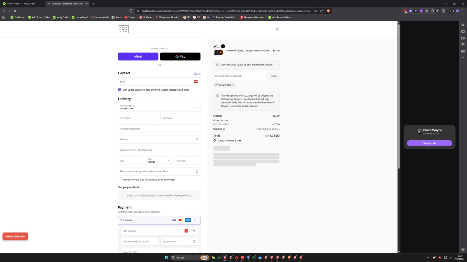 Dualtone Store discount code screenshot showing code STRANGERS applied at Dualtone Store checkout page. Uploaded by SimplyCodes community member NeonVoyager3321 on Jan 7, 2026