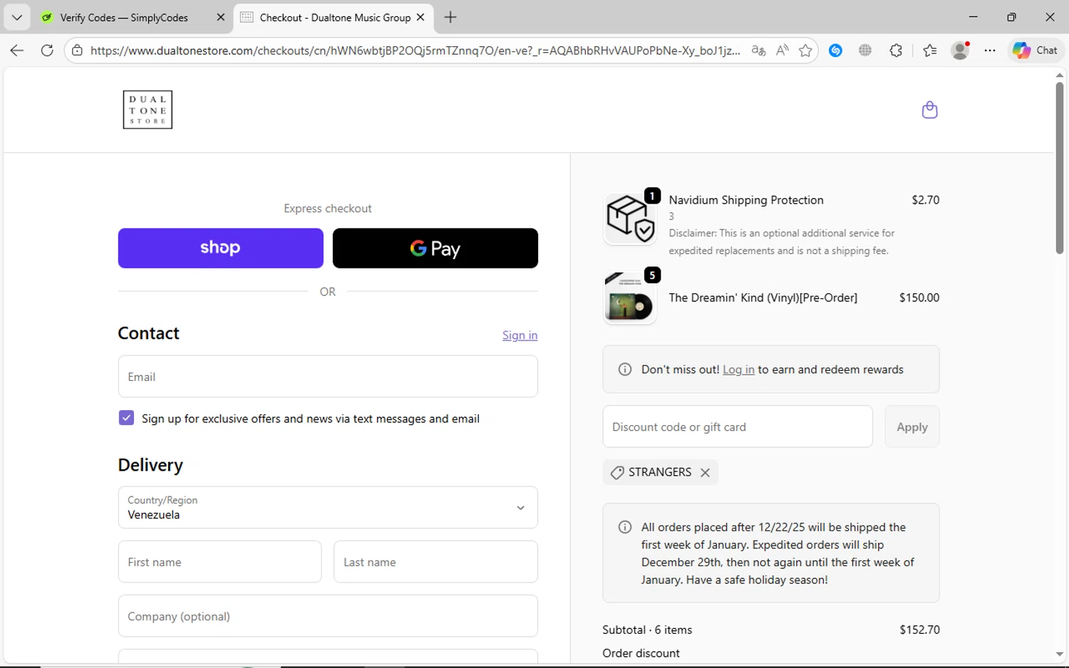 Dualtone Store discount code screenshot showing code STRANGERS applied at Dualtone Store checkout page. Uploaded by SimplyCodes community member jechtff10 on Dec 28, 2025