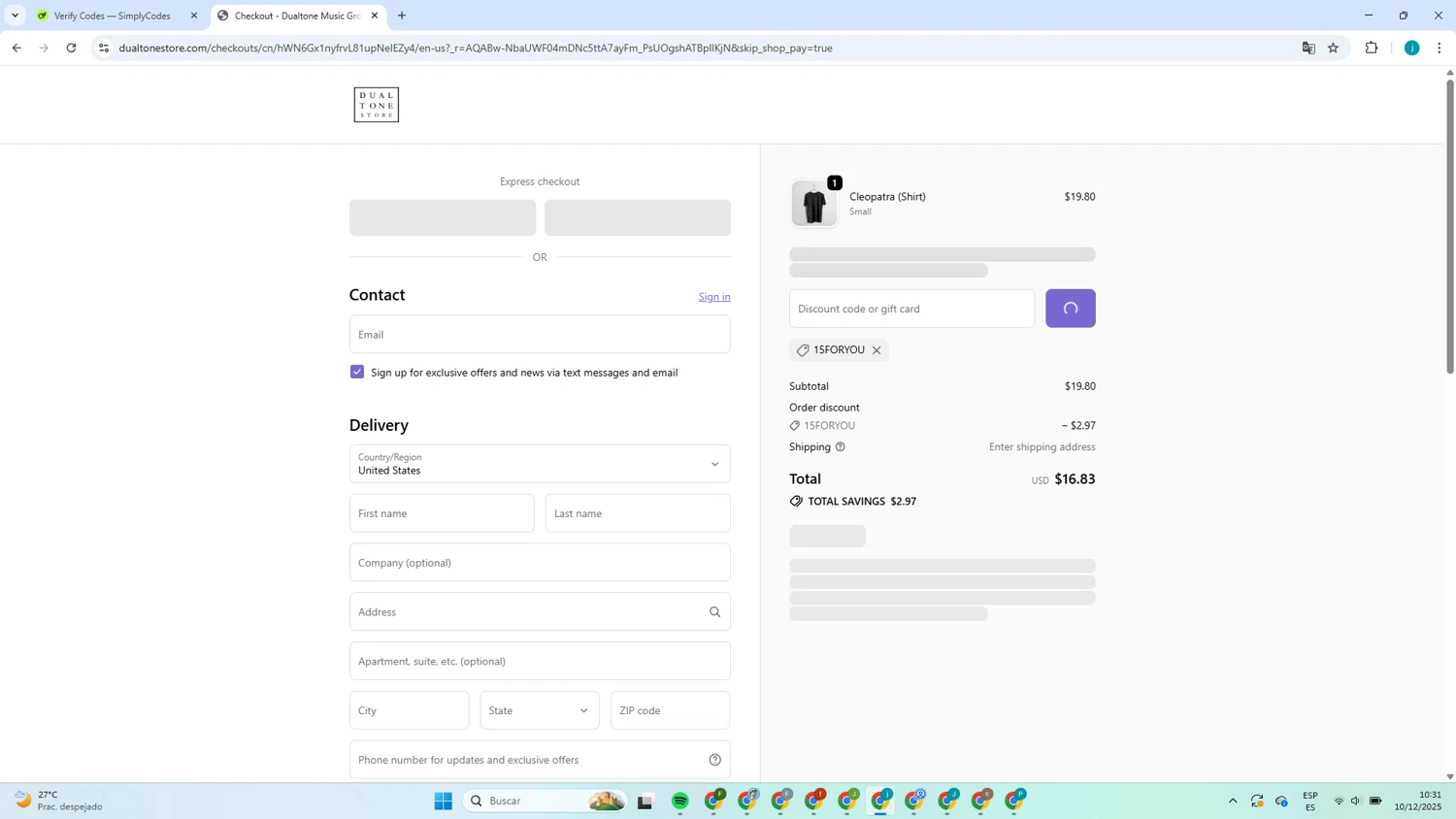 Dualtone Store discount code screenshot showing code 15FORYOU applied at Dualtone Store checkout page. Uploaded by SimplyCodes community member Juan_collug on Dec 10, 2025