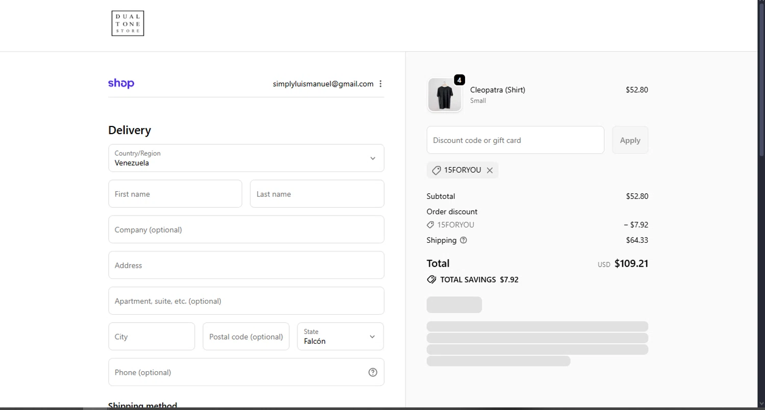 Dualtone Store discount code screenshot showing code 15FORYOU applied at Dualtone Store checkout page. Uploaded by SimplyCodes community member MoneyScout2554 on Nov 14, 2025