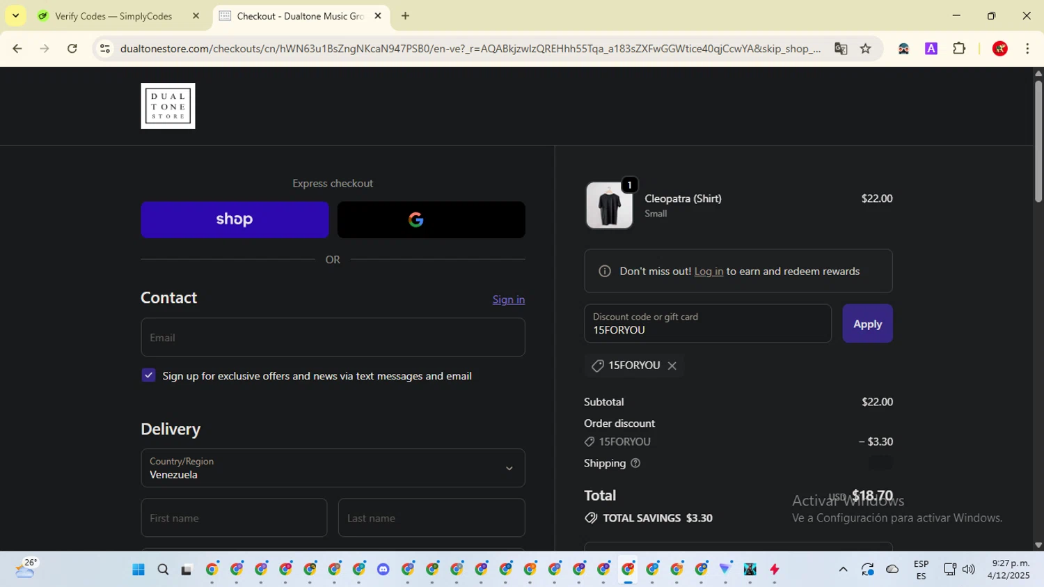 Dualtone Store discount code screenshot showing code 15FORYOU applied at Dualtone Store checkout page. Uploaded by SimplyCodes community member ShrewdCaptain2457 on Dec 5, 2025