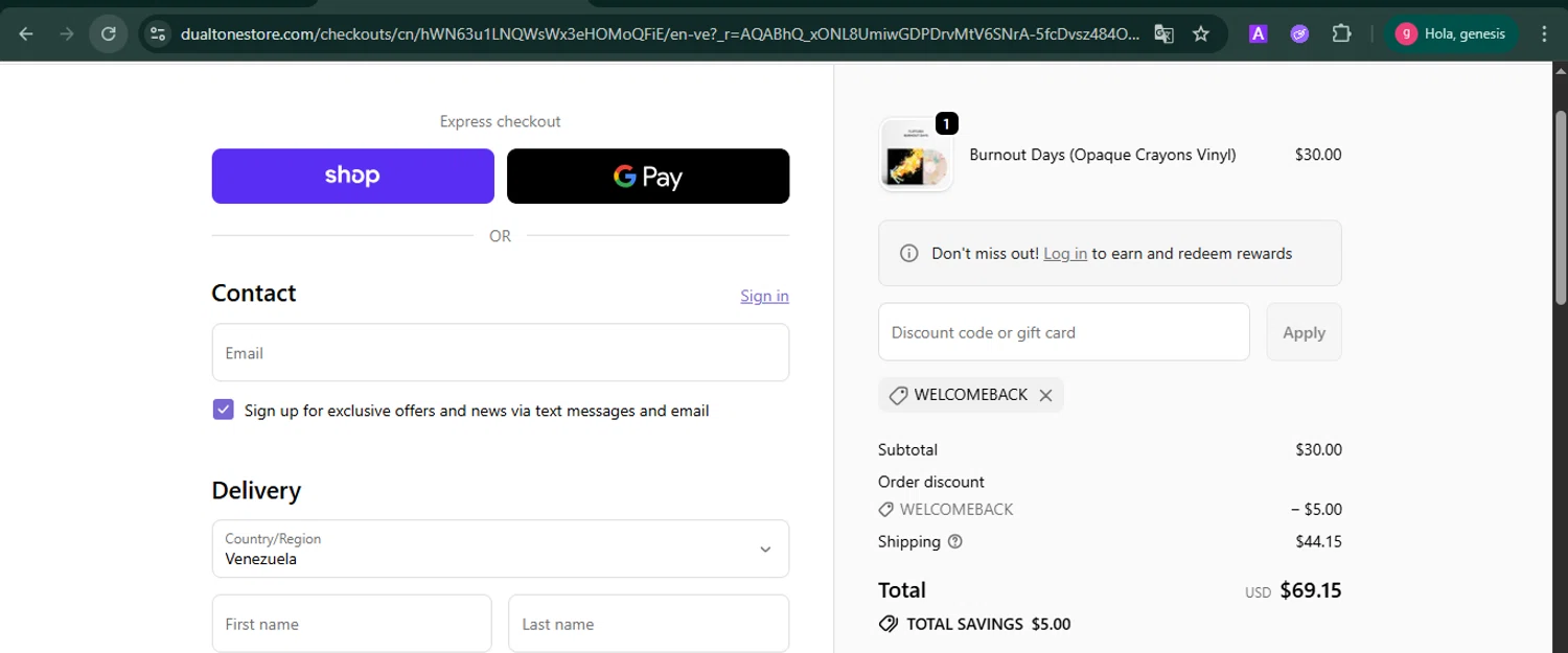 Dualtone Store discount code screenshot showing code WELCOMEBACK applied at Dualtone Store checkout page. Uploaded by SimplyCodes community member MoneyFalcon481 on Dec 5, 2025
