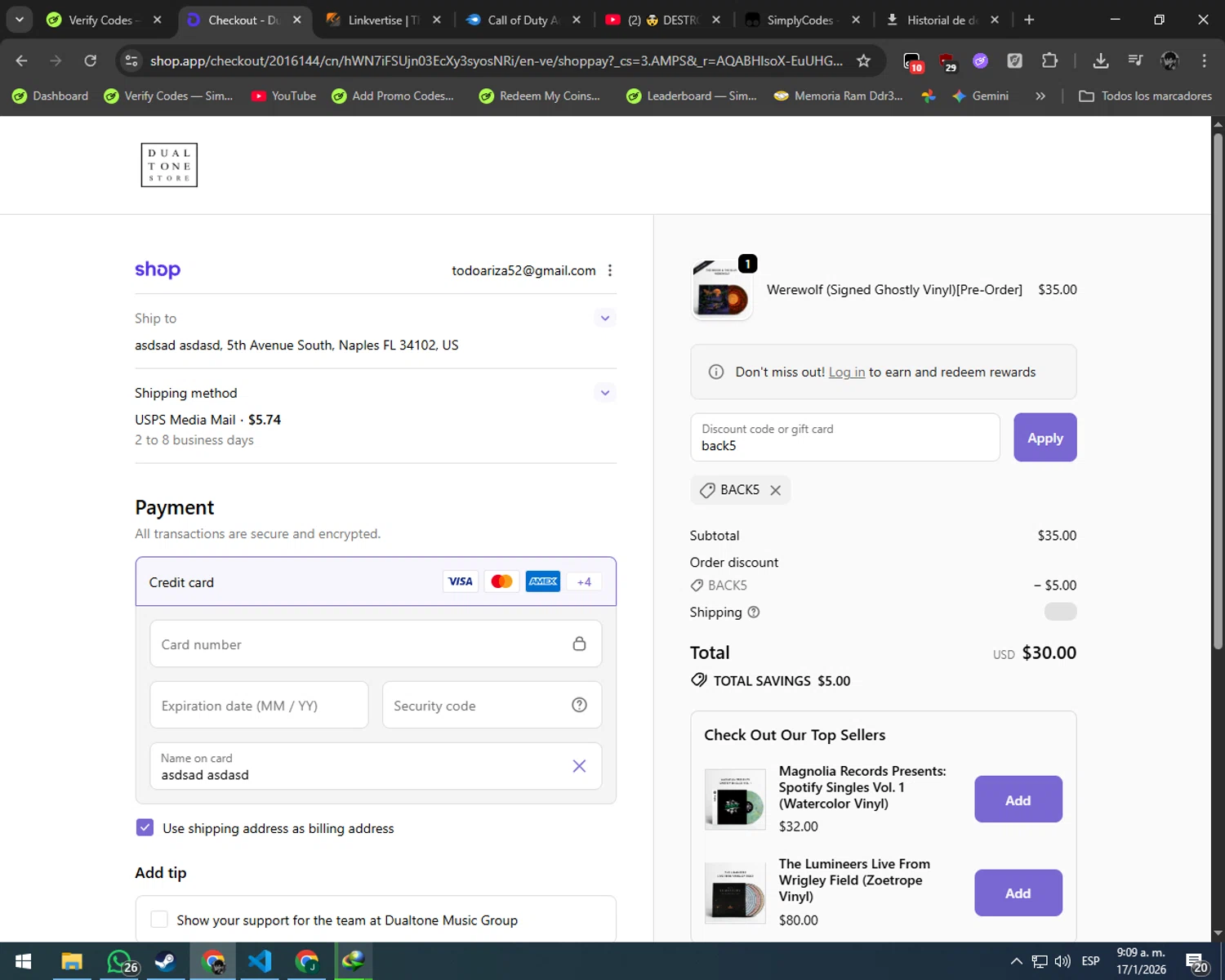 Dualtone Store discount code screenshot showing code back5 applied at Dualtone Store checkout page. Uploaded by SimplyCodes community member ArizaJesus on Jan 17, 2026