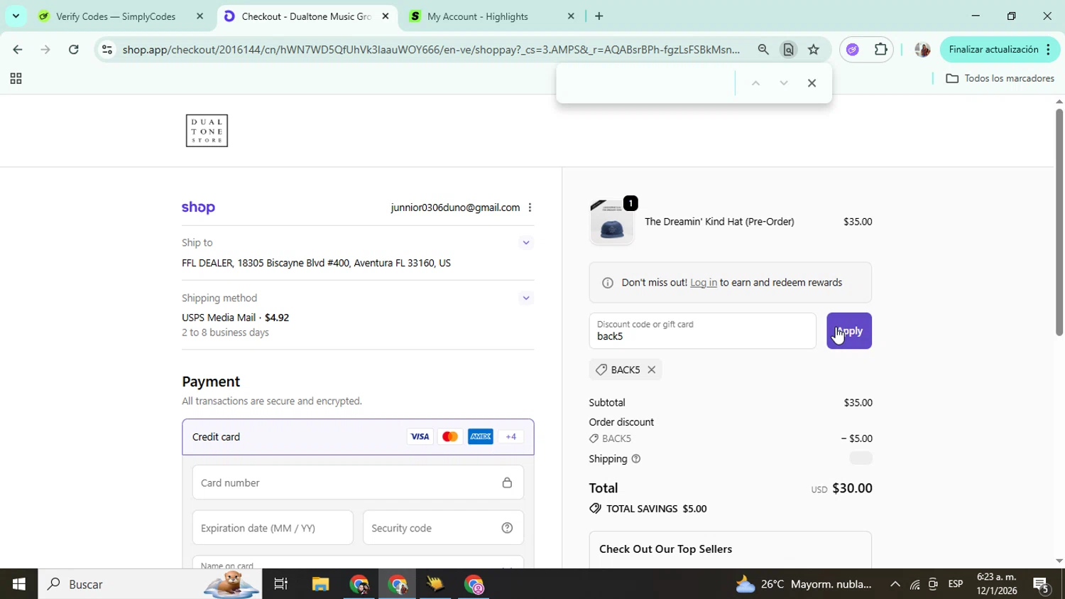 Dualtone Store discount code screenshot showing code back5 applied at Dualtone Store checkout page. Uploaded by SimplyCodes community member Mujerdejunnior on Jan 12, 2026