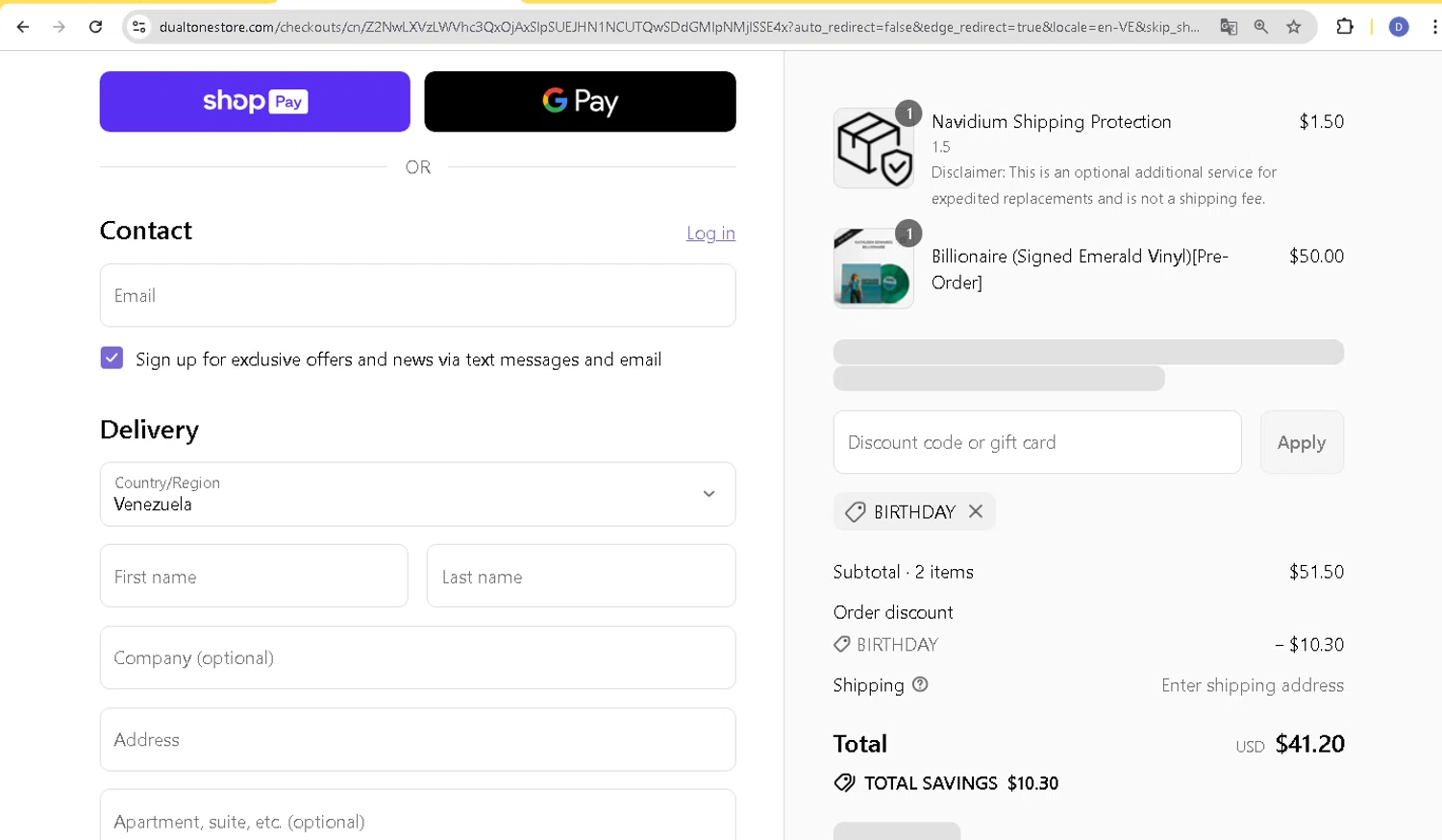 Dualtone Store discount code screenshot showing code BIRTHDAY applied at Dualtone Store checkout page. Uploaded by SimplyCodes community member d566ty on Jul 9, 2025