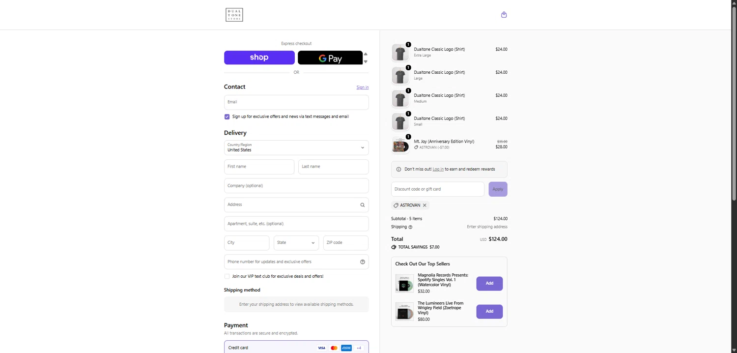 Dualtone Store checkout page showing Dualtone Store discount code box | Screenshot taken by SimplyCodes community member on Feb 4, 2026
