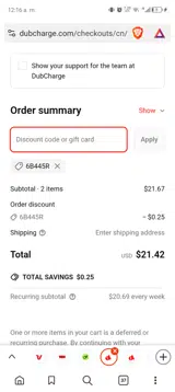 DubCharge coupon verification screenshot