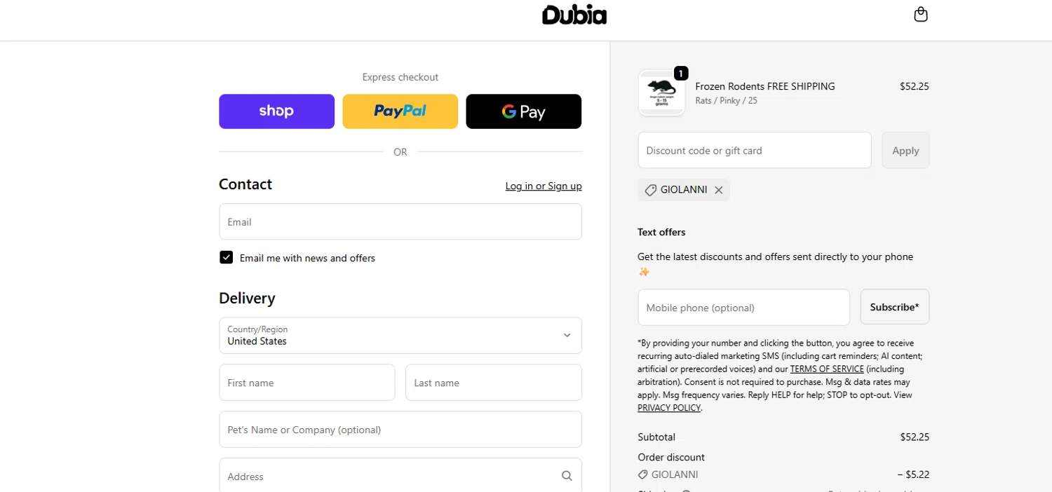 Dubia Roaches promo code screenshot showing code GIOLANNI applied at Dubia Roaches checkout page. Uploaded by SimplyCodes community member 564656554985261421 on Jun 1, 2026