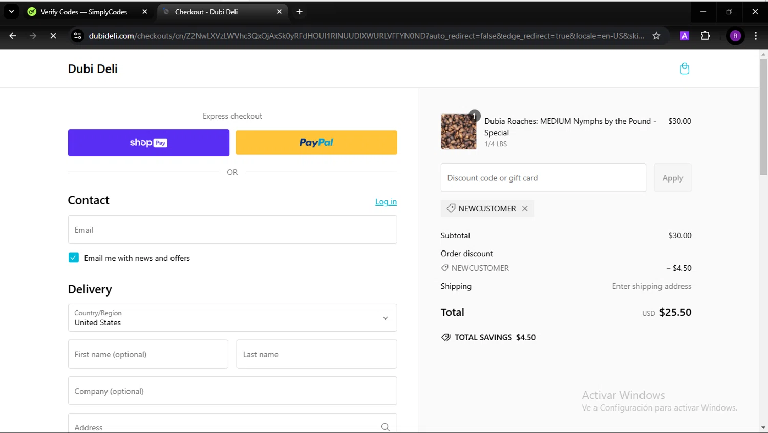 Dubi Deli discount code screenshot showing code NEWCUSTOMER applied at Dubi Deli checkout page. Uploaded by SimplyCodes community member GabrielCichero on Feb 14, 2025