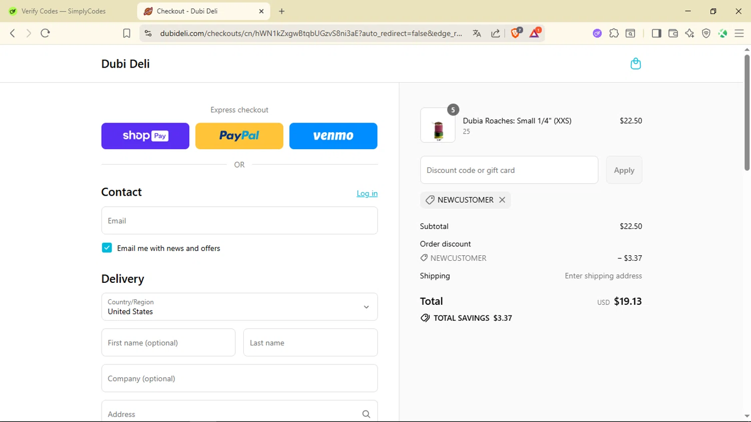 Dubi Deli discount code screenshot showing code NEWCUSTOMER applied at Dubi Deli checkout page. Uploaded by SimplyCodes community member ShieldLegend9691 on Aug 13, 2025