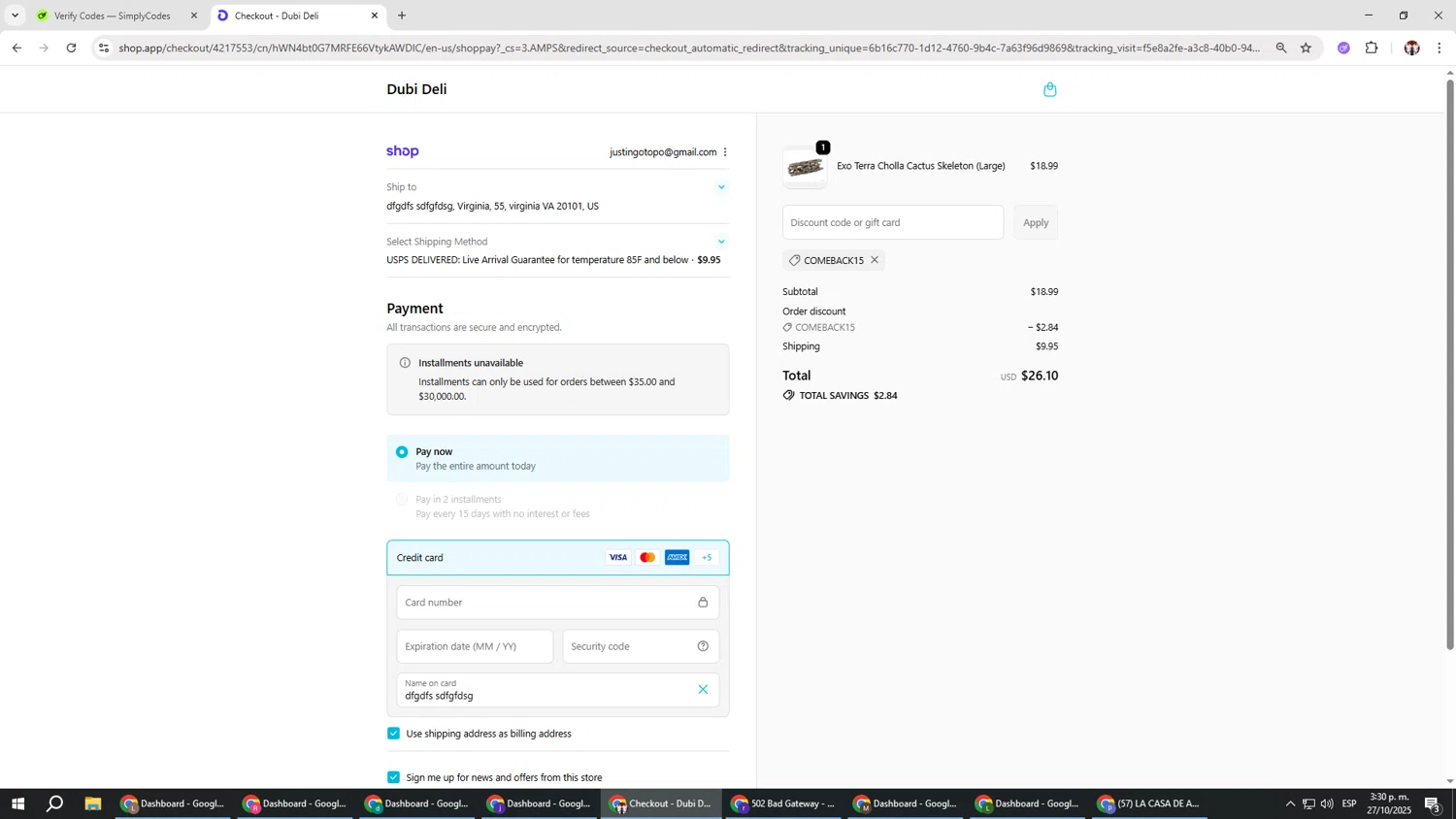 Dubi Deli discount code screenshot showing code COMEBACK15 applied at Dubi Deli checkout page. Uploaded by SimplyCodes community member Salometta on Oct 27, 2025