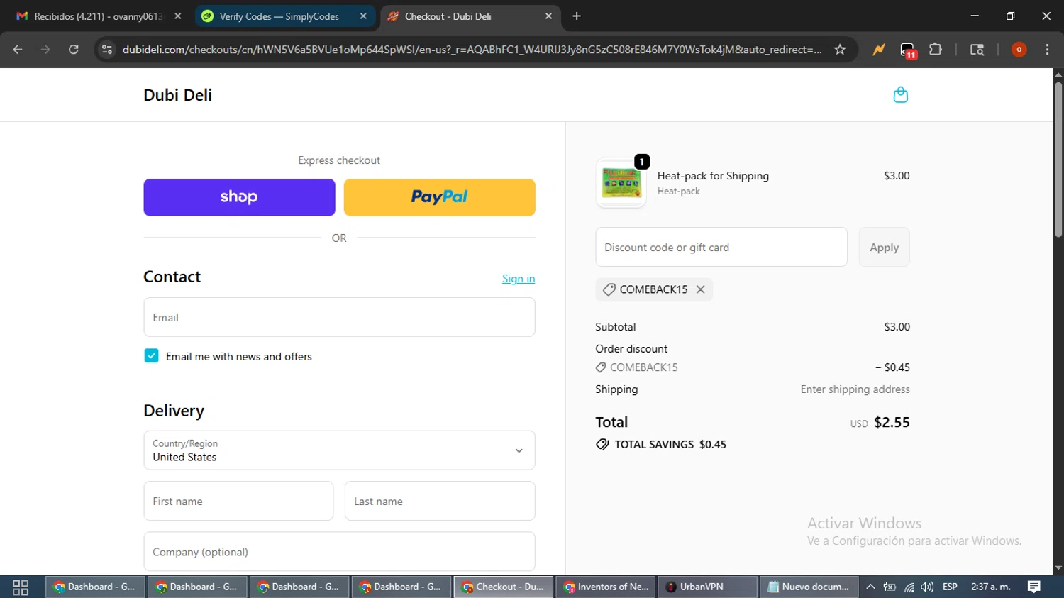 Dubi Deli discount code screenshot showing code COMEBACK15 applied at Dubi Deli checkout page. Uploaded by SimplyCodes community member WiseTracker2171 on Nov 20, 2025