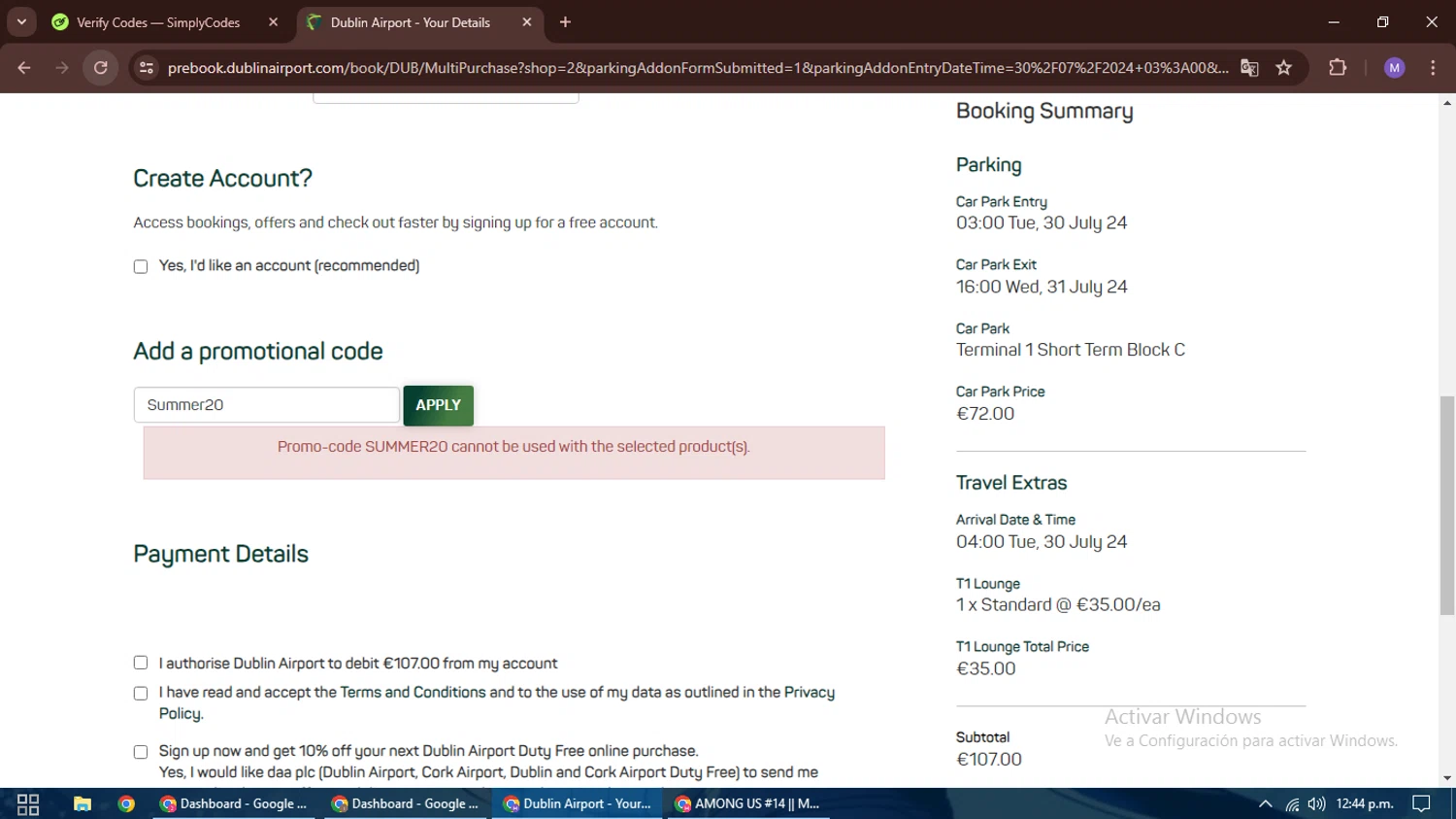 Dublin Airport checkout page showing Dublin Airport promo code box | Screenshot taken by SimplyCodes community member on Jul 22, 2024