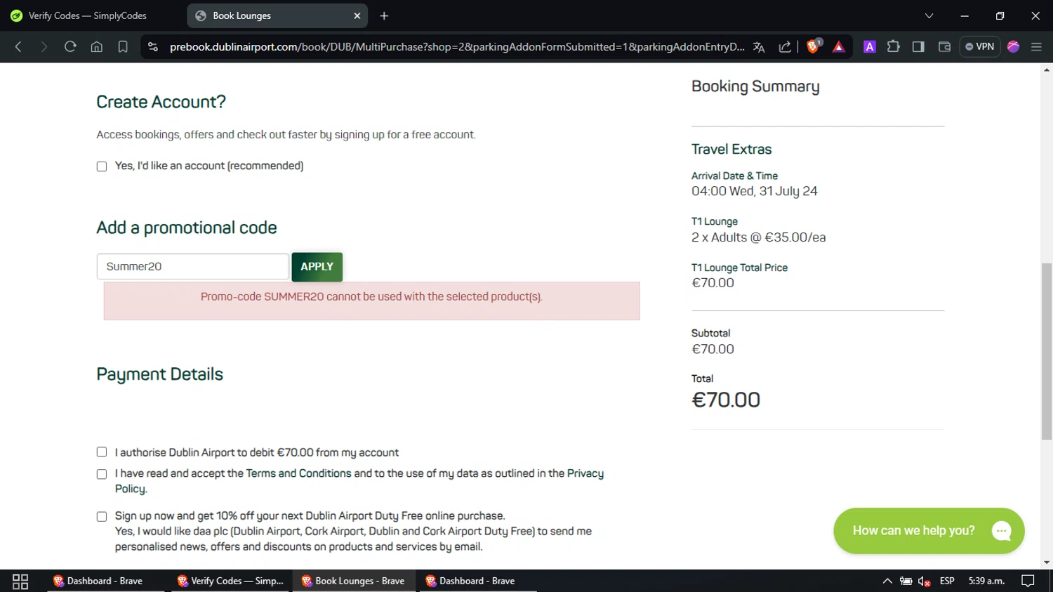 Dublin Airport checkout page showing Dublin Airport promo code box | Screenshot taken by SimplyCodes community member on Jul 8, 2024