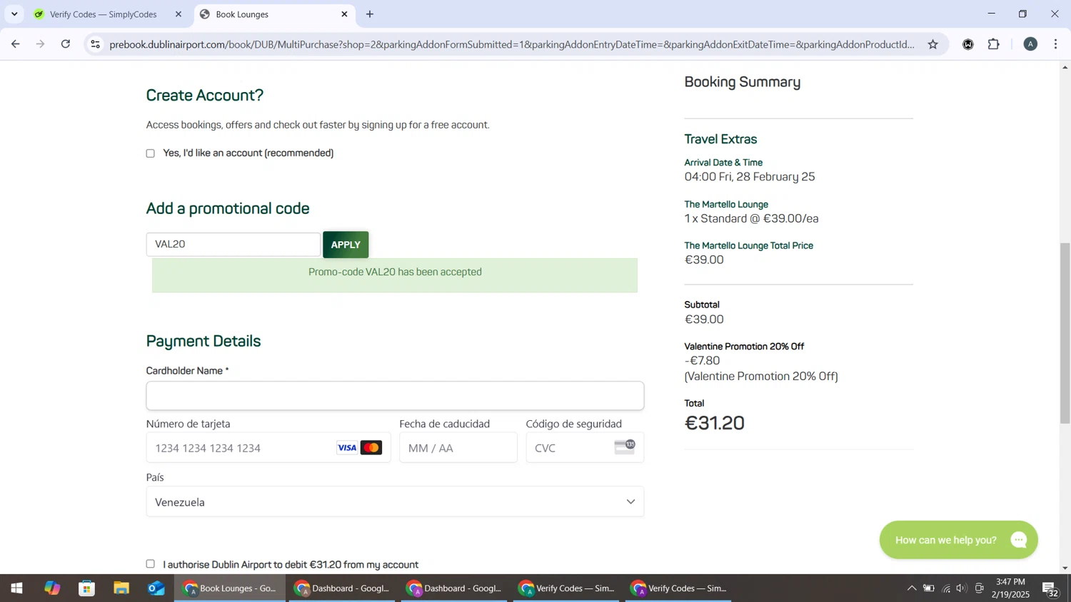 Dublin Airport checkout page showing Dublin Airport promo code box | Screenshot taken by SimplyCodes community member on Feb 19, 2025