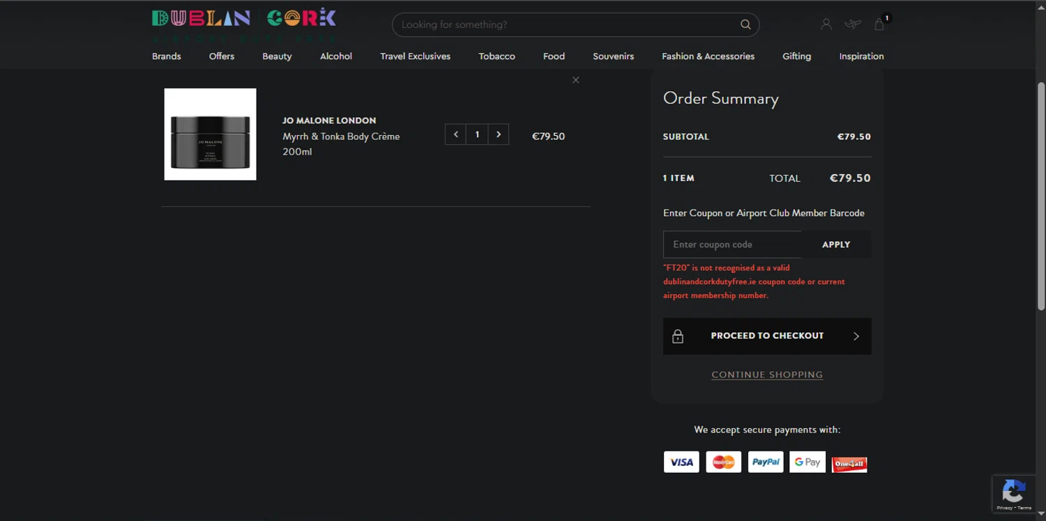 Dublin Airport promo code screenshot showing code FT20 applied at Dublin Airport checkout page. Uploaded by SimplyCodes community member _Capi_ on May 30, 2025
