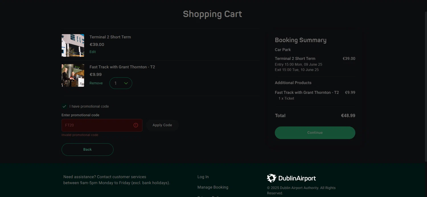 Dublin Airport promo code screenshot showing code FT20 applied at Dublin Airport checkout page. Uploaded by SimplyCodes community member ValiantCollector267 on Jun 9, 2025