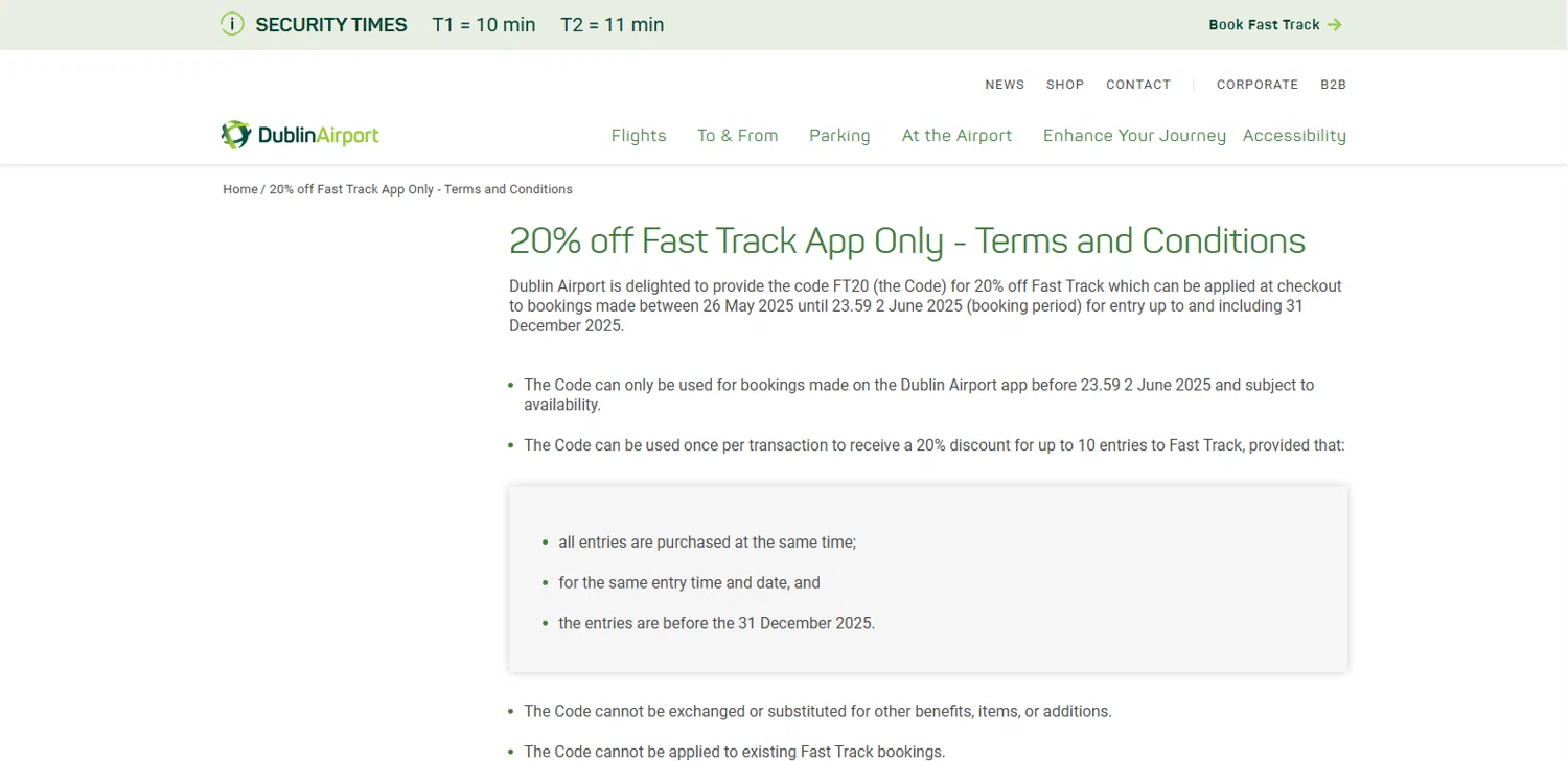 Dublin Airport promo code screenshot showing code FT20 applied at Dublin Airport checkout page. Uploaded by SimplyCodes community member dimitriv on May 30, 2025