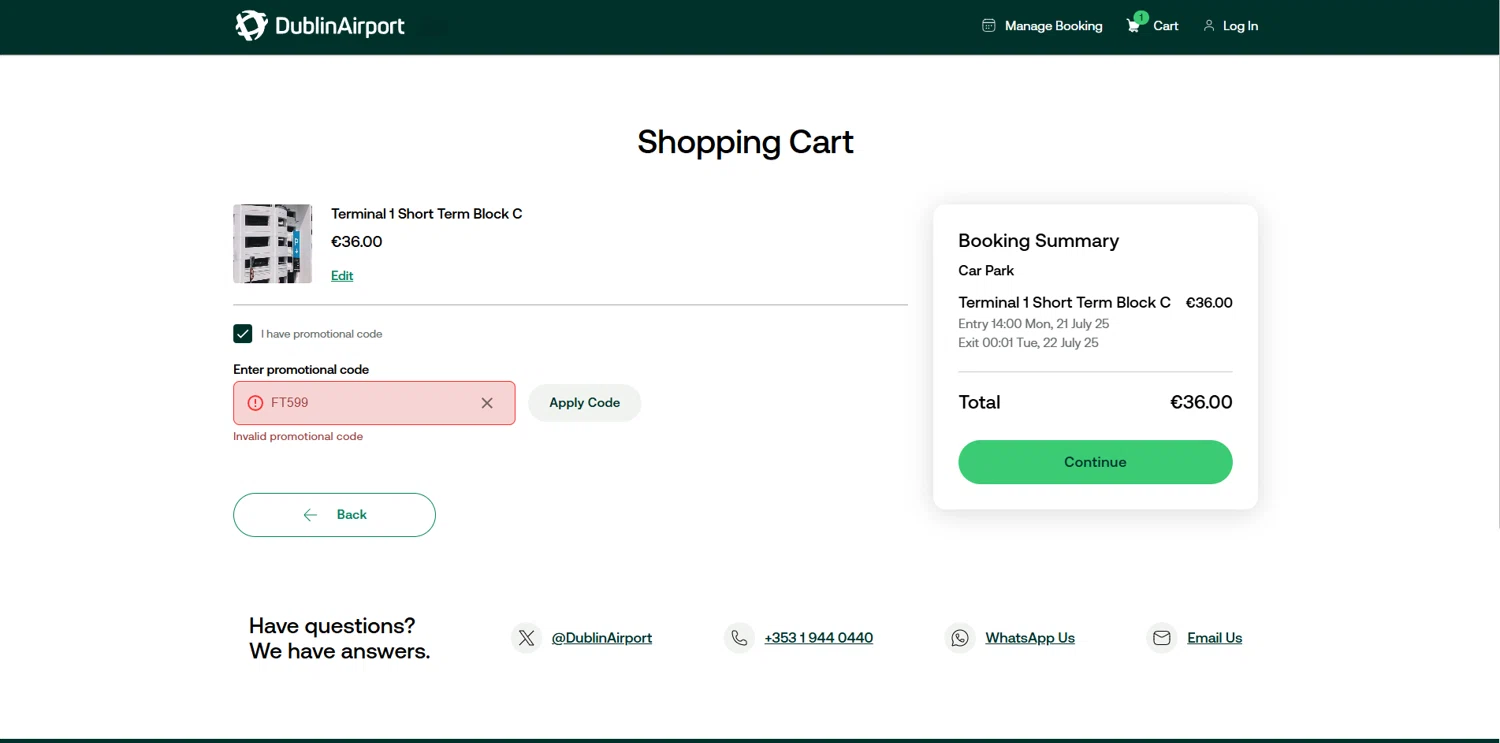 Dublin Airport promo code screenshot showing code FT599 applied at Dublin Airport checkout page. Uploaded by SimplyCodes community member BrilliantVoyager5752 on Jul 20, 2025
